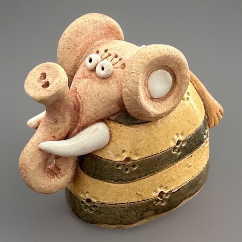 Elephant Whimsical Ceramic Figurine Bell Striped Tusks Up Eyes Artsy Handcrafted